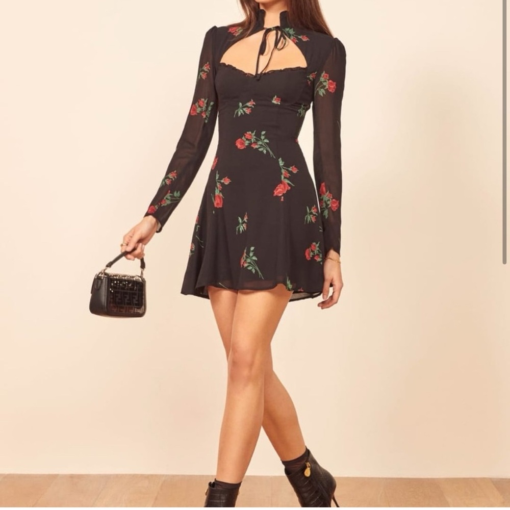 Reformation Tie Front Cutout mini Dress Black with Roses
